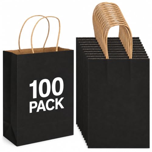 HavrePac 100 Pack Gift Bags with Handles 5.9x3.15x8.26 inch Black - color: Black