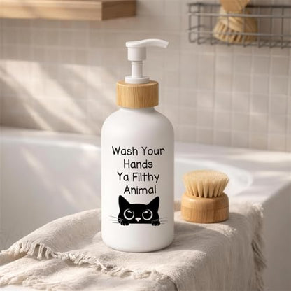 Black Cat Bathroom Soap Dispenser, Wash Your Hands Filthy Animal Glass Hand Soap Dispenser with Pump, Funny Cat Refillable Handsoap Liquid Bottle for Bathroom Washroom Restroom Countertop - color: Cat Quote