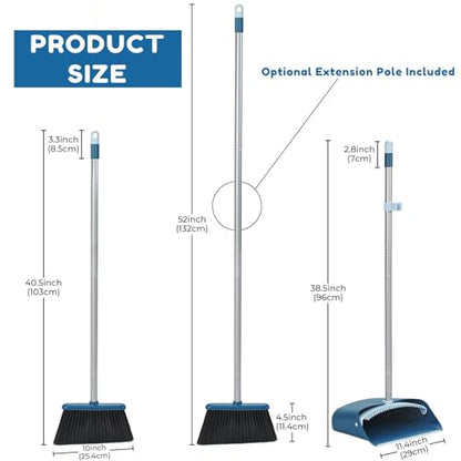 TreeLen Standing Dustpan and Broom Set with 52 Inch Long Extendable Handle for Cleaning Home, Interiors, Kitchens, Office Lobby Floors, Blue - color: Blue