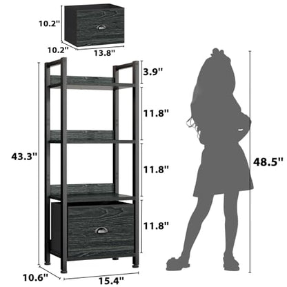 Furologee 4 Tier Bookshelf with Drawer, Small Narrow Bookcase, Black Oak - color: Black Oak, size: 4 Tier