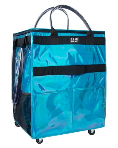 Reusable Grocery Bag with Wheels, Large Glitter Blue Rolling Tote - color: Glitter Blue, size: Large