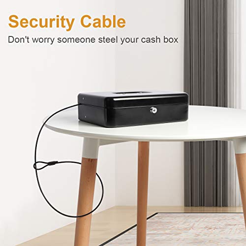 Jssmst Large Locking Cash Box with Money Tray, Lock Box with Security Cable Metal Money Box with Lock, Black - color: Black Key