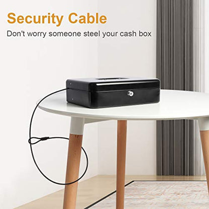 Jssmst Large Locking Cash Box with Money Tray, Lock Box with Security Cable Metal Money Box with Lock, Black - color: Black Key