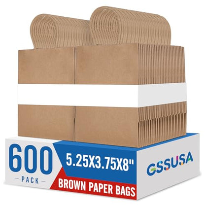 GSSUSA Brown Paper Bags 5.25x3.75x8 600Pcs, Gift Bags with Handles Bulk for Small Business - color: Brown, size: 5.25x3.75x8 Inch (Pack of 600)