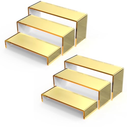 6 PCs 9 Inch Gold Mirror Acrylic Display Risers 3 Tier Stand - color: Golden 6 PCs