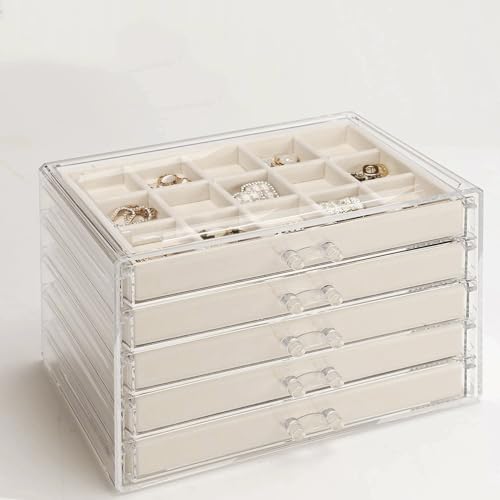 GUOER Earring Organizer 5 Drawers Acrylic Jewelry Box for Women, Warm White - color: Warm White