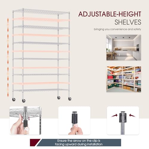 BestOffice | 6-Tier Wire Shelf with Wheels | 48" x 18" x 77" | Chrome - color: Chrome, size: 48"D x 18"W x 77"H