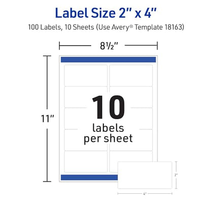 Avery Printable Shipping Labels with Sure Feed, 2" x 4" Customizable Stickers, White, 100 Blank Mailing Labels, Great for Mailing, Shipping, and More (18163) - size: 100 Labels (Pack of 1)