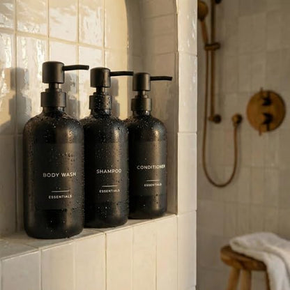 Stylish Shampoo & Conditioner Dispenser Set of 3 - Black 21oz Bottles - color: Black
