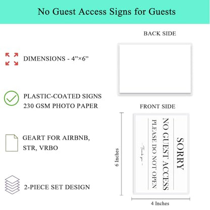 No Guest Access Sign - 2 Pack 4x6 Inch Laminated Adhesive Warning Signs, Includes 8 Strong Adhesive Dots for Walls & Smooth Surfaces - Vacation Rental Air Bnb Essentials (No guest access ×2) - color: No guest access ×2