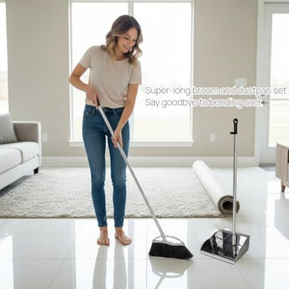 Indoor Broom and Dustpan Comb Set,Heavy Duty Stainless Steel Metal Dust Pan with Long Handle Sweeping Soft Bristles Broom for Floor Home Lobby Office - style: Indoor Broom and Dustpan