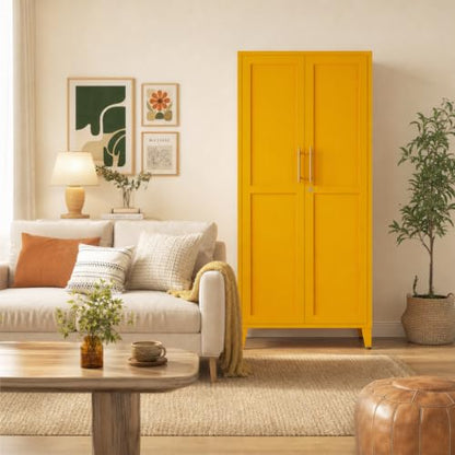61" Tall Yellow Lockable Metal Storage Cabinet, Farmhouse Pantry Cabinet with 2 Square-Pattern Doors & 3 Adjustable Shelves, Freestanding Cupboard with Legs for Home, Office, Laundry, Entryway - color: Mustard, style: Cabinet-61"H-DL