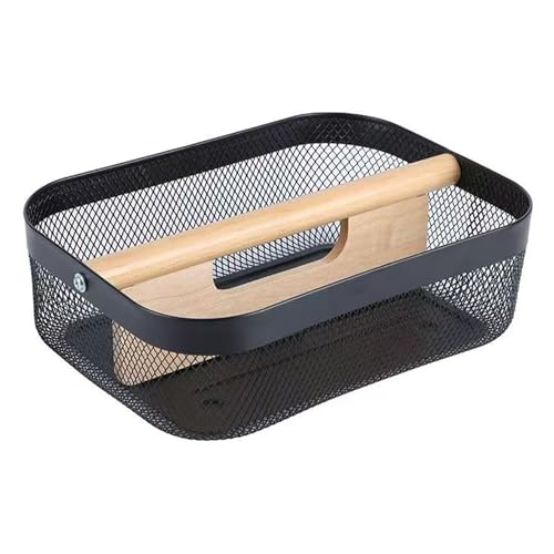 AJIODA Metal Mesh Steel Storage Basket, Garden Harvest Wire Organizer Basket Multi-functional Kitchen Fruit Basket with Wooden Removable Partition & Handle for Bathroom Picnic Decor Cabinet, Black - color: Black