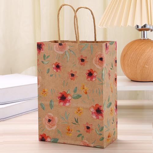 24pcs Floral Pattern Kraft Paper Bag Gift Bags with Handles for Party Favors, Mothers Day, Weddings, Birthday Celebration, Baby Shower,8.26×5.9×3.14inch - color: flower