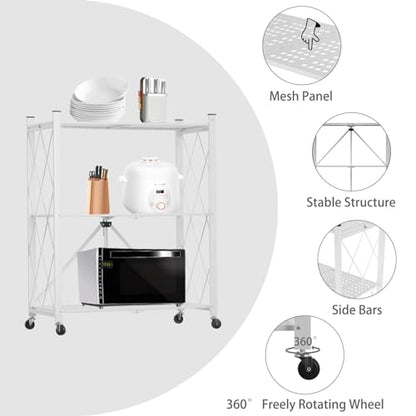 3 Tier Foldable Storage Shelf with Wheels Heavy Duty Garage Shelving - color: White, size: 3 Tier