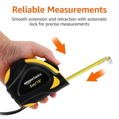 Amazon Basics Self-Locking Tape Measure with Belt Clip, 16-Feet (5-Meters), Inch/Metric Scale, MID Accuracy, Black, Yellow - color: Black, Yellow, size: 4.9 m