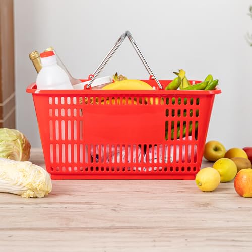 Restaurantware Plastic Shopping Basket, Red, with Steel Handles - style: Steel Handles