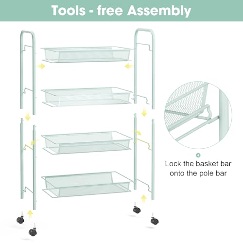 TOOLF 4 Tier Rolling Cart, Metal Utility Storage Cart with Wheels, Green - color: Green, size: 4-Tier