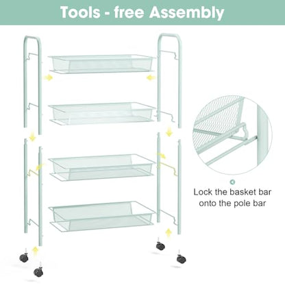 TOOLF 4 Tier Rolling Cart, Metal Utility Storage Cart with Wheels, Green - color: Green, size: 4-Tier
