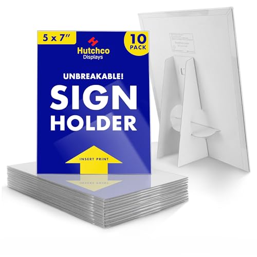 Paper Sign Holder (5 x 7 Inches) Plastic Countertop Display w/Shatterproof (No Acrylic) Clear Design & Cardboard Easel Back Tabletop Slant Support for Stackable Lightweight Portable by Hutchco