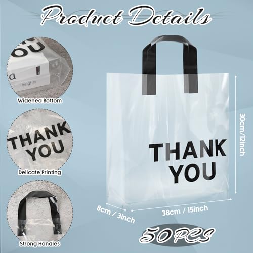 Paterr 50 Pack Thick Clear Thank You Gift Bags with Handles Durable Retail Plastic Bags 12 x 15 x 3'' Merchandise Gift Wrapping Shopping for Small Business Retail Shop Clothing Customers Goody