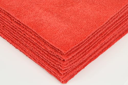 CleanAide Ultrasonic-Cut 300 GSM Microfiber Cleaning Towels, Lint-Free, Scratch-Free, Highly Absorbent, Durable & Reusable with Label-Free Edges for Auto, Home & Commercial Use, 14" x 14", 12-Pack, - color: Red