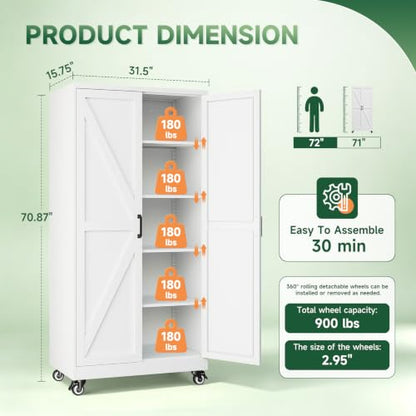 Letaya Metal Garage Storage Cabinet with Wheels,71" White Tool Steel Locker - color: White, size: 15.8”D x 32”W x 71”H