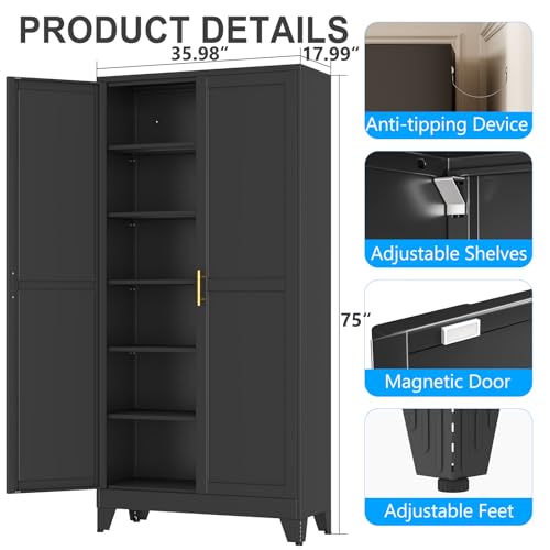 pozdeg 75" Black Widen Tall Steel Garage Storage Cabinet - color: Black, size: 17.99"D x 35.98"W x 75"H