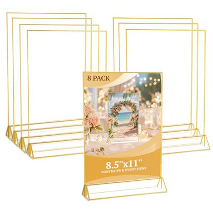 8 Pack Acrylic Sign Holder 8.5x11, Double Sided Gold Frames, Clear Acrylic Sign Holder Picture Frame, Vertical Table Menu Display Stand, Plastic Gold Picture Frames & Gold Table Frames for Wedding Party (Provide Non-slip Mats) - size: 8 Pack 8.5x11