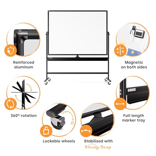 Kamelleo Rolling Whiteboard on Wheels 60" x 46", Double Sided White Board - color: Jet Black, size: 60x46