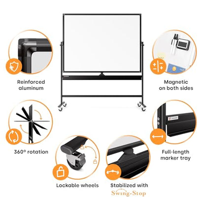 Kamelleo Rolling Whiteboard on Wheels 60" x 46", Double Sided White Board - color: Jet Black, size: 60x46
