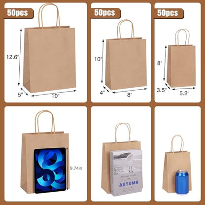 Moretoes 150pcs Brown Paper Gift Bags with Handles, (8/10/12.6 Inches)