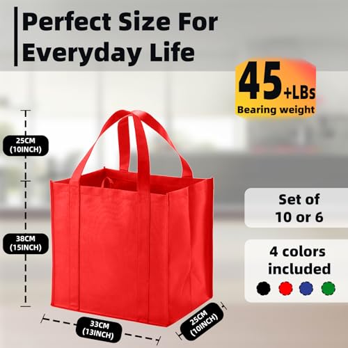 6 pack Reusable Grocery Bags,Thick Bottom-Shopping Bag for Groceries - color: Red