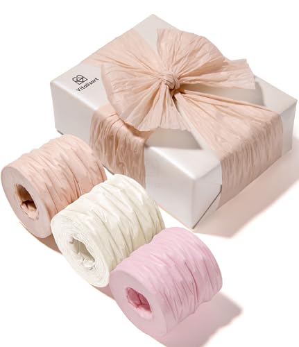 Vitalizart Crinkle Paper Ribbon 1.5" x 75 Yds for Gift Wrapping Recyclable - color: Pink Nude & White