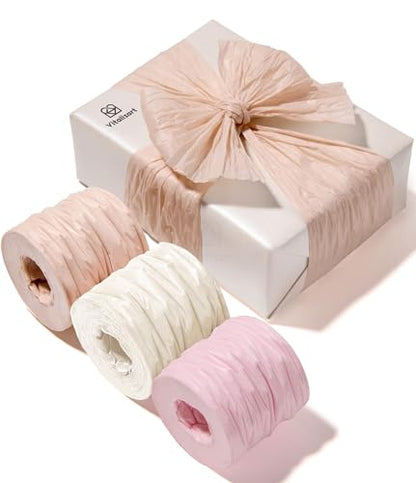 Vitalizart Crinkle Paper Ribbon 1.5" x 75 Yds for Gift Wrapping Recyclable - color: Pink Nude & White