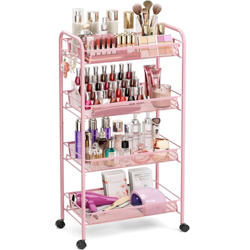 TOOLF 4 Tier Rolling Cart, Metal Utility Storage Cart with Wheels, Pink - color: Pink, size: 4-Tier