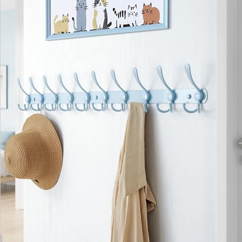 Dseap Coat Rack Wall Mount - 38” Long 10-Tri-Hooks Heavy Duty Coat Hanger Rail Wall Hooks for Hanging Coats Hats Clothing Clothes Purse Mudroom Entryway, Blue - color: Blue, size: L=38” (1 Pcs)