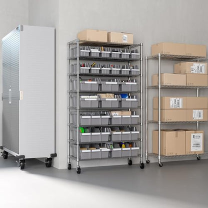 8-Tier NSF 24-Bin Steel Wire Shelving Rack, 36"W x 14.25"D x 63.5"H, Gray - color: Gray, size: 8-Tier Includes 24 Bins
