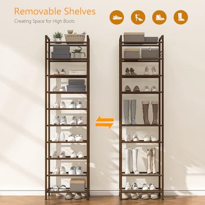 usikey 10 Tiers Narrow Shoe Rack 20-30 Pairs, Sturdy Metal Tall Shoe Rack Shelf with 4 Hooks, Slim Shoe Storage with Metal Shelf, Space Saving Vertical Shoe Organizer for Closet Entryway, Bronze - color: 10 Tier ( 17.9 X 11 X 69.2 Inches)-bronze