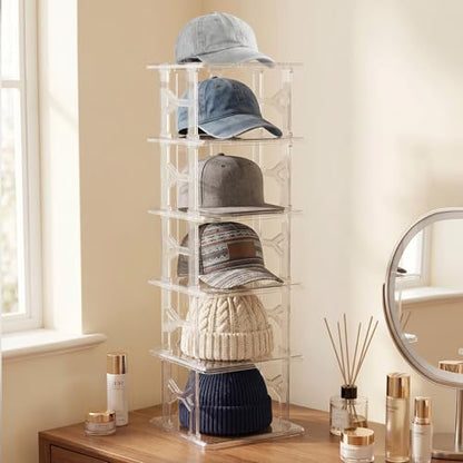 6 Tier Hat Organizer Box (Up to 18 Hats), Stackable Clear Hat Rack Display