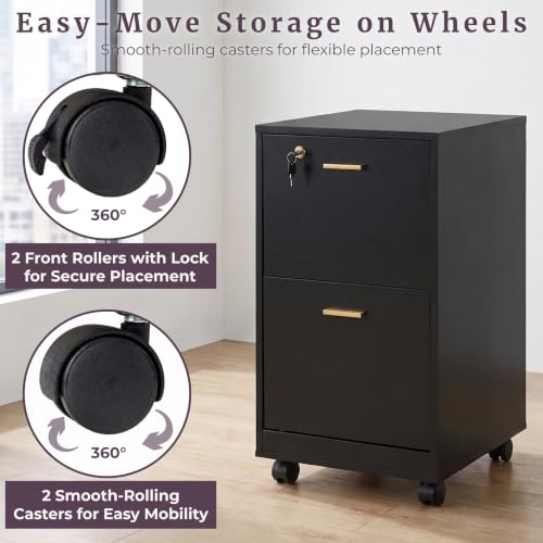 Lavish Home 2-Drawer Wooden File Cabinet with Lock, Black, 16” x 27” - color: Black, style: Gold Hardware