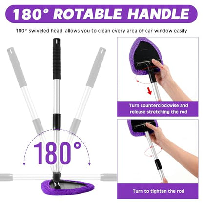 Baderke 10 Pcs Windshield Cleaner Tool Car Window Cleaning Supplies with Extendable Handle Include 6 Washable Microfiber Bonnets 2 Empty 60ml Spray Bottle Glass Wiper Kit(Purple) - color: Purple