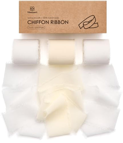 Vitalizart Handmade Chiffon Silk Ribbon 1.5" x 21 Yd Ivory White Frayed - color: Cream & Off White 3 Rolls (21Yd)