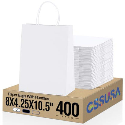 GSSUSA 400 Pack 8x4.25x10.5'' Paper Bags with Handles Bulk, White Paper Gift Bags for Small Business - color: White, size: 8x4.25x10.5 Inch (Pack of 400)