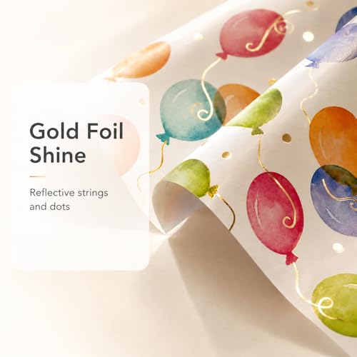 Ulmasinn Birthday Wrapping Paper Roll with Gold Foil Balloons, 17" x 16.4', Thick Gift Wrap for Birthday Gifts, Watercolor Balloon Design, No Creases, for Kids, Adults, Baby Shower and Celebrations - color: Birthday Gold Foil Balloon