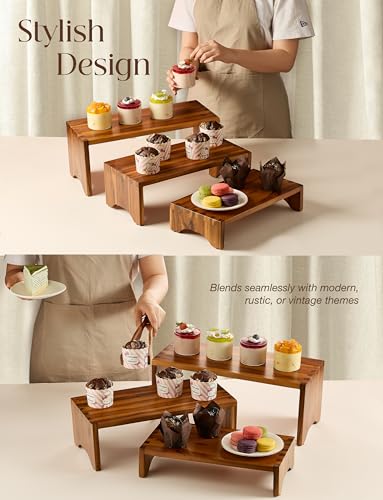Tidita Wooden 3 Tier Cupcake Stand, Riser Display Stand with Non-Slip Pads - color: Acacia