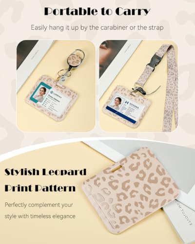 Uniclife Cute ID Badge Holder with Retractable Badge Reel & Lanyard, 2 Pack - color: Light Brown Leopard Print-horizontal