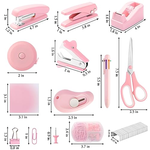 Pink Desk Accessory Kit Cute Office Supplies Set Desktop Stapler Set Includes Staple Remover Hole Punch Tape Dispenser Ballpoint Pen Scissor Mini Box Cutter Tape Measure Paper Clips Sticky Notes - color: Pink