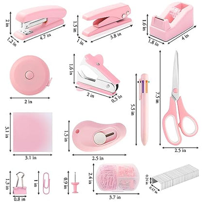 Pink Desk Accessory Kit Cute Office Supplies Set Desktop Stapler Set Includes Staple Remover Hole Punch Tape Dispenser Ballpoint Pen Scissor Mini Box Cutter Tape Measure Paper Clips Sticky Notes - color: Pink