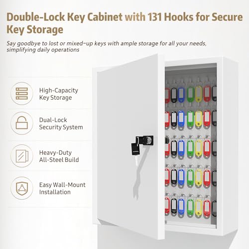 Key Cabinet Lock Box with 131-Keys: Steel Wall Mount Key Box Organizer - Large Storage and Secure Combination Lock Boxes for Home Office Business - White - color: White